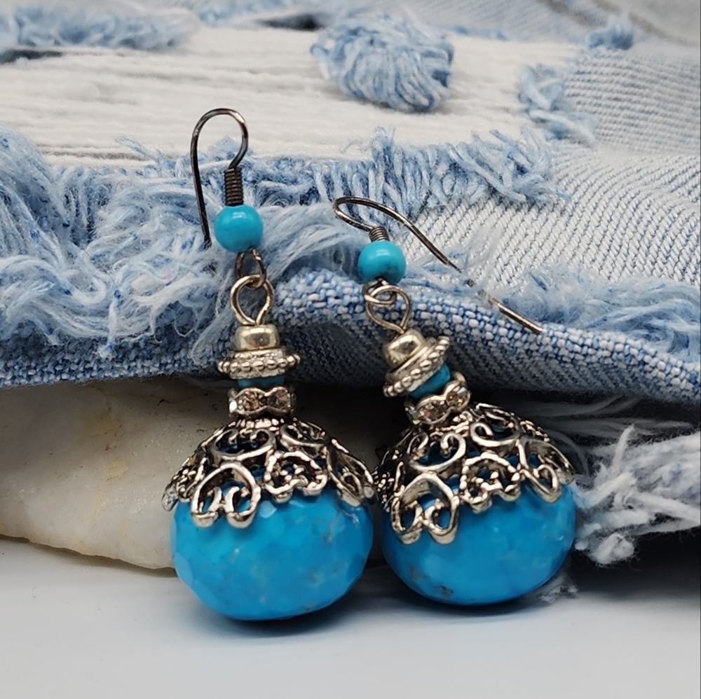 ❤️ Natural Blue Ocean Jasper Stones silver Earrings Boho Jewelry Filigree top